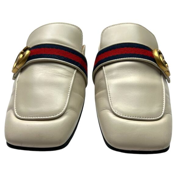 GUCCI Peyton Marmont GG Web Striped Mule EU 41 US 11 Beige Red Blue Leather Flat - Picture 2 of 13